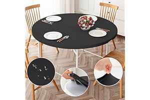 ManMengJi Round Fitted Tablecloth 2 Pack, Black Round Tablecloth with Elastic Edged, Waterproof Stain Resistant Table Cover for Outdoor/Indoor Use, Fits Round Tables up to 45" - 59" Diameter