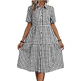 ebossy Women's Retro Plaid Shirt Dress Elegant Lapel Button Up Swing A line Flowy Gingham Mid Tunic Dress