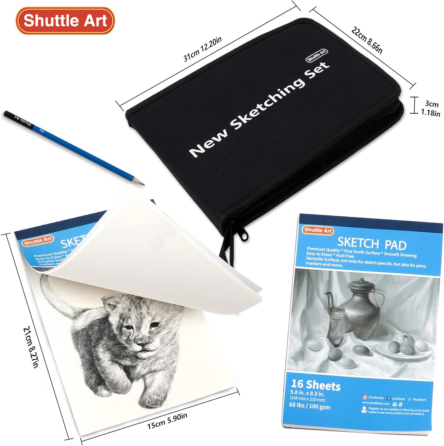 Drawing Pencils Set, 52 Pack Professional Sketch Pencil Set in Zipper Carry Case, Drawing Kit Art Supplies with Graphite Charcoal Sticks Tool Sketch Book for Adults Kids Drawing Sketching by Shuttle Art