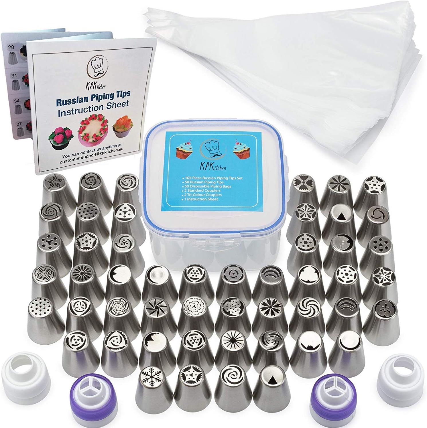 Russian Piping Tips Set 105 Pcs - 50 Numbered Frosting Nozzles & Instruction Sheet - 50 Pastry Bags & 4 Couplers - Cake, Cupcake & Baking Decorating Supplies Kit For Flower Shaped Icing Decorations
