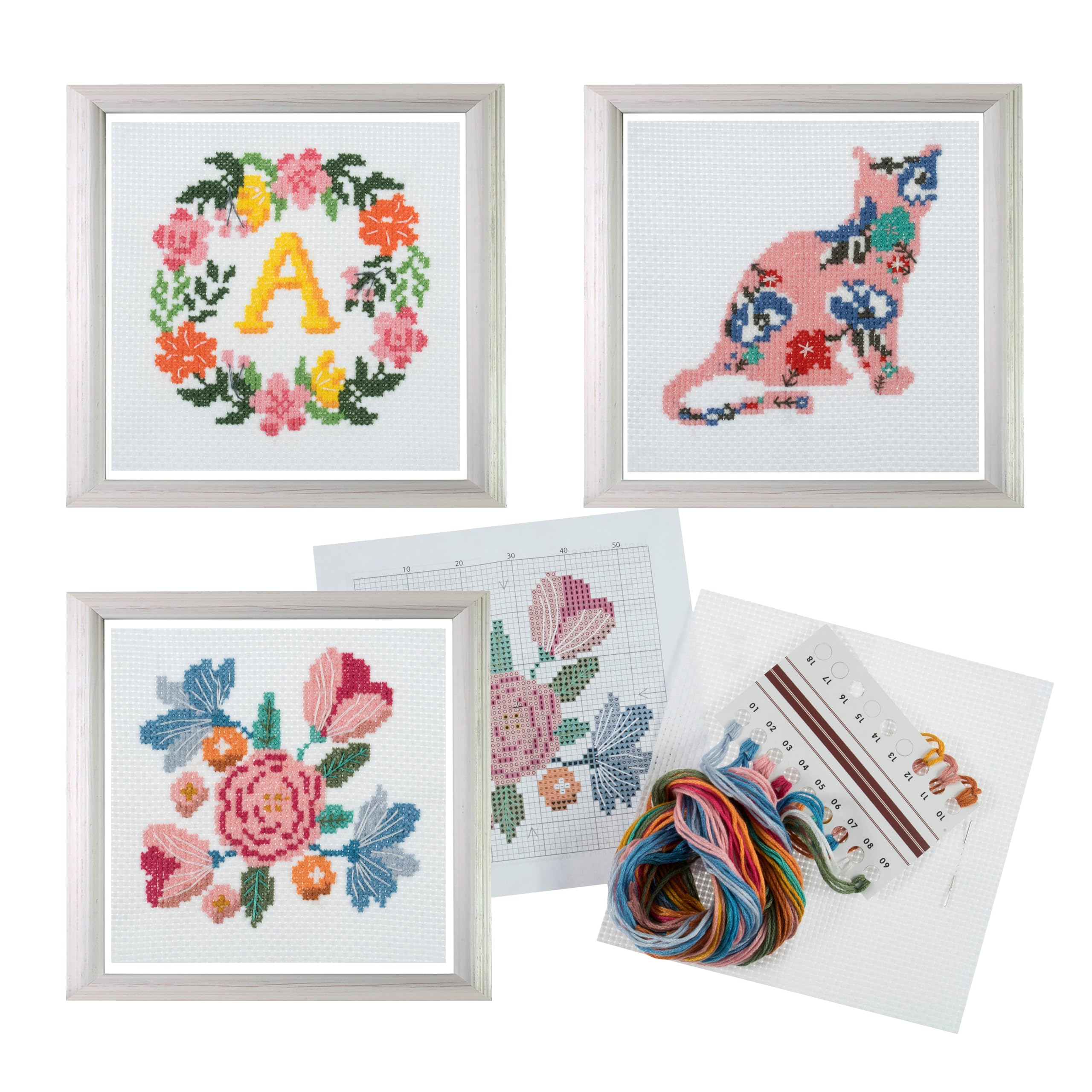 Trimits 3PK Cross Stitch Kits for Adults Beginners - Pre Printed Cross Stitch Kit, Beginners Embroidery Kit for Adults & Kids, Complete DIY Embroidery Starter Set - 13x13cm, Floral Reef/Cat/Flowers