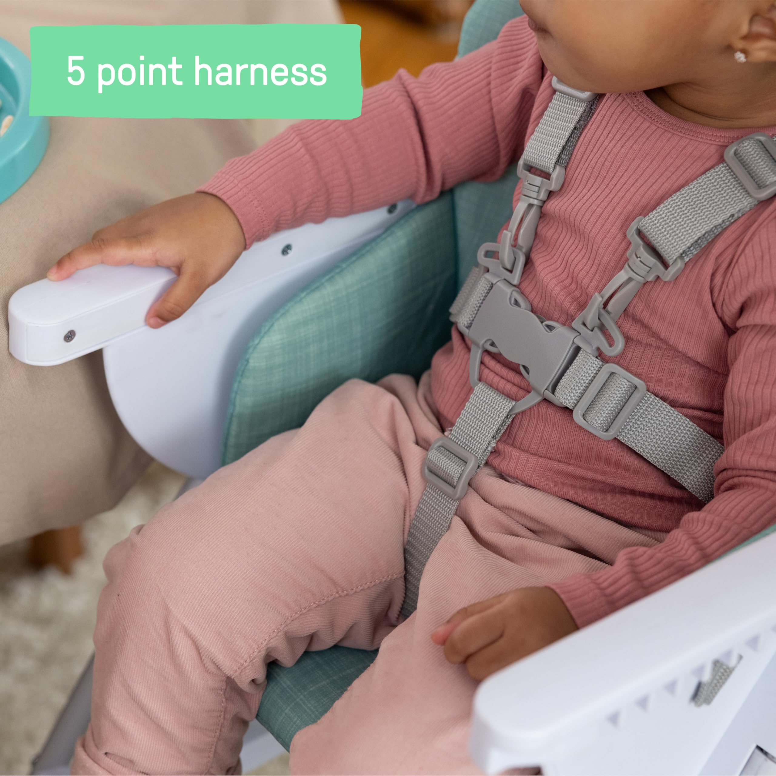 Ingenuity Sun Valley Compact Folding Baby High Chair, Food-Grade Safe Plate, 5-Point Harness, for Ages 6 Months and Up, Unisex - Teal