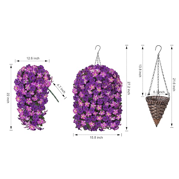 HYEFLORA ARTIFICIAL FLOWERS WITH BASKET FOR OUTDOORS, 3PCS FAUX HANGING MORNING GLORY SILK FAKE FLOWERS LIFELIKE PLANTS UV RESISTANT FLOWERS FOR OUTSIDE PLANTER PATIO GARDEN PORCH DECOR (PURPLE RED)