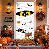 Halloween Mummy Door Cover, Cute Halloween Door Banner for Front Door | 72 x 35 Inch Yellow Eyes Halloween Banner with Bats and Spider Webs for Front Door Porch Party Decorations
