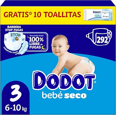 Pañales Bebé-Seco, Talla 3 (6-10 kg), 292 Pañales + 1 Pack de 10 Toallitas Regalo de Aqua Plastic Free, Una Noche Hasta Un 100% Libre De Fugas, Pack Mensual