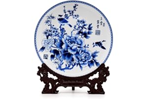 BenOpinion Chinese Blue and White Porcelain Decorative Plate for Display 10 inch Ceramic Decorative Ornament (Flower and Bird)