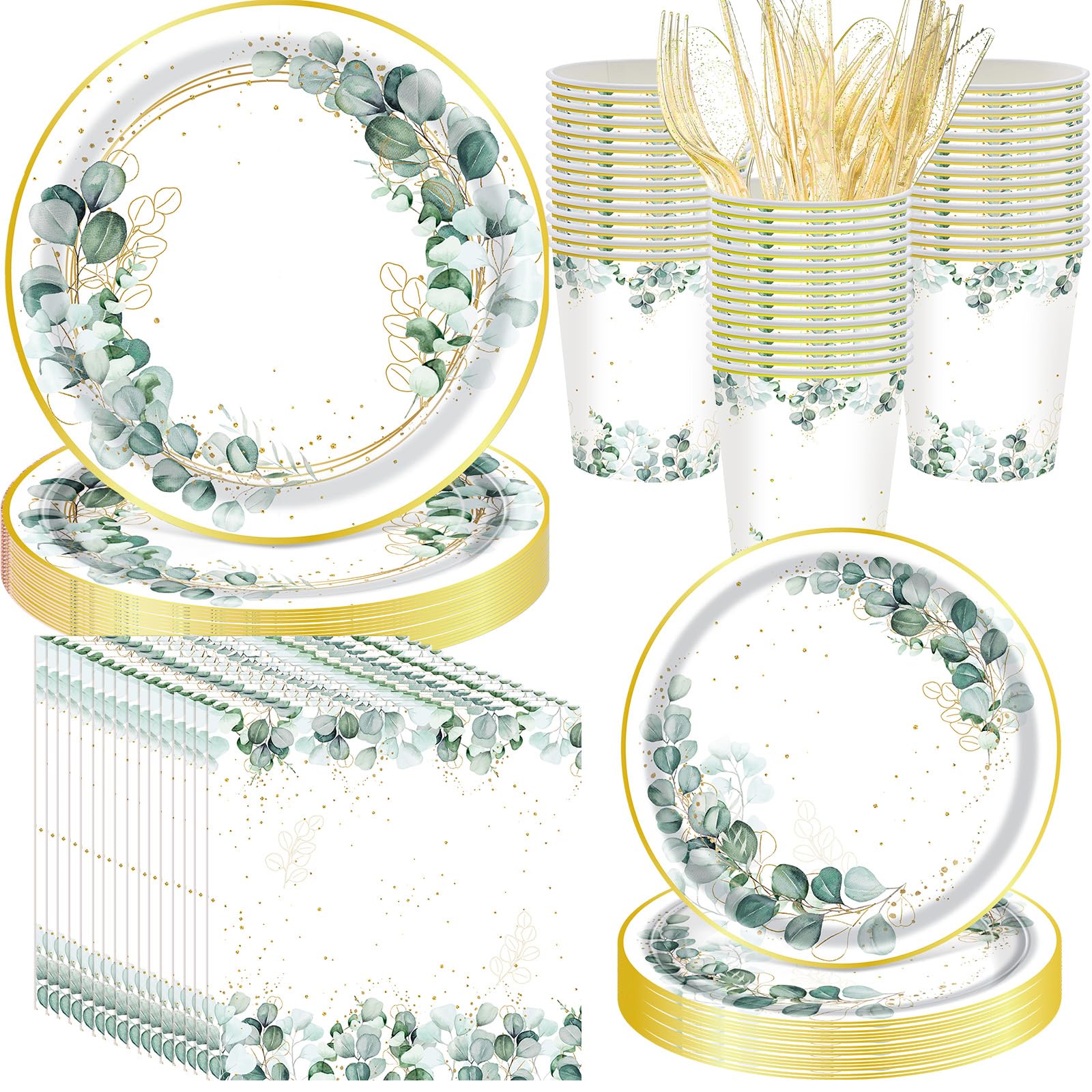 Photo 1 of Sunnychicc 400 Pcs Sage Green Color Party Supplies Serve 50 Guests Eucalyptus Flowers Disposable Paper Plates Napkins and Cups for Bridal Baby Shower Birthday Wedding Party Decorations(Classic)