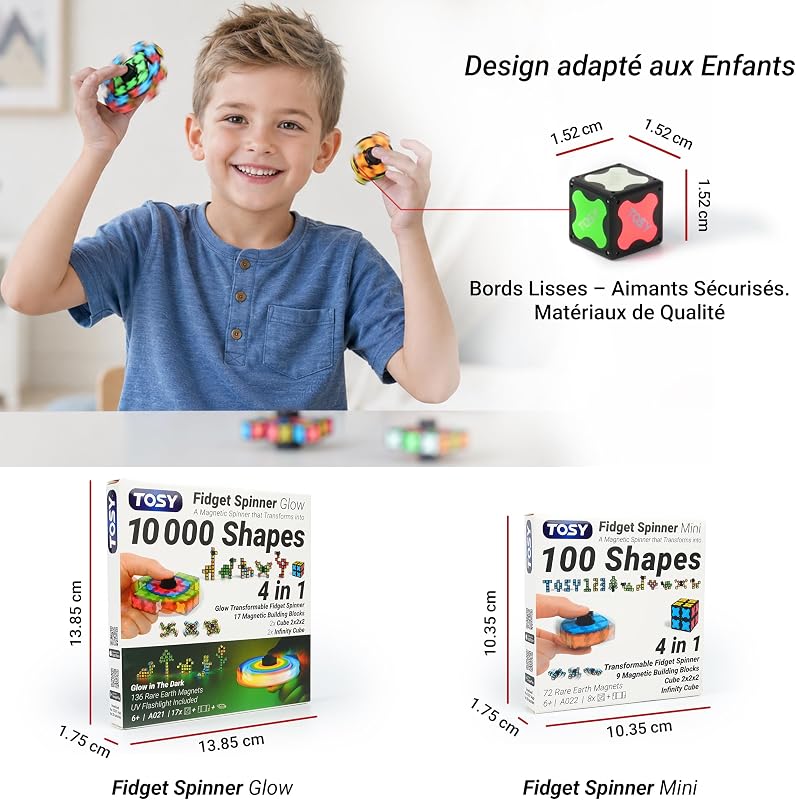 Magnet Fidget Spinner Mini - 8 Blocs, Jouet 3 en 1: Fidget Spinner Transformable, Infinity Cube, Puzzle Cube 2x2, Tuiles magnétiques STEM Cadeau pour Enfant/garçon/Fille/Adulte