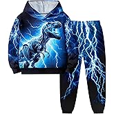 ADIFUN Boys Clothes, T-Rex Print Dinosaur Boy Clothes Fall Winter Outfits Long-sleeved Hooded Sweatshirt Pants 2Pcs Set