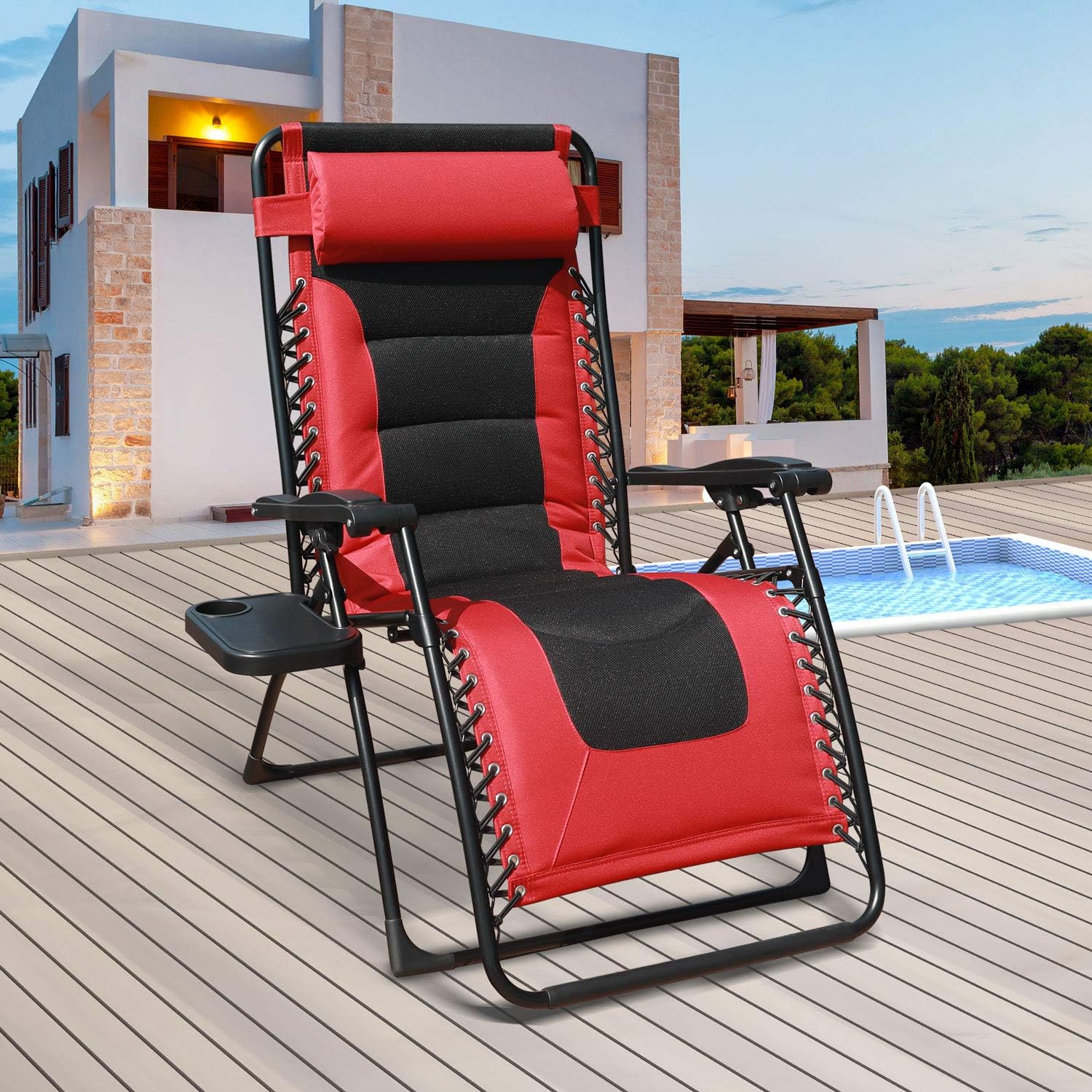 GOLDSUN Oversized Padded Zero Gravity Reclining Chair Adjustable Patio Lounge Chair with Cup Holder for Outdoor Beach Porch,Swimming Pool (Red): Furniture & Decor