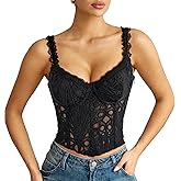 LEACOOLKEY Lace Corset Top for Women Sexy Sheer Floral Bustier Going Out Lace-up Bralette Club Party Concert Crop Top