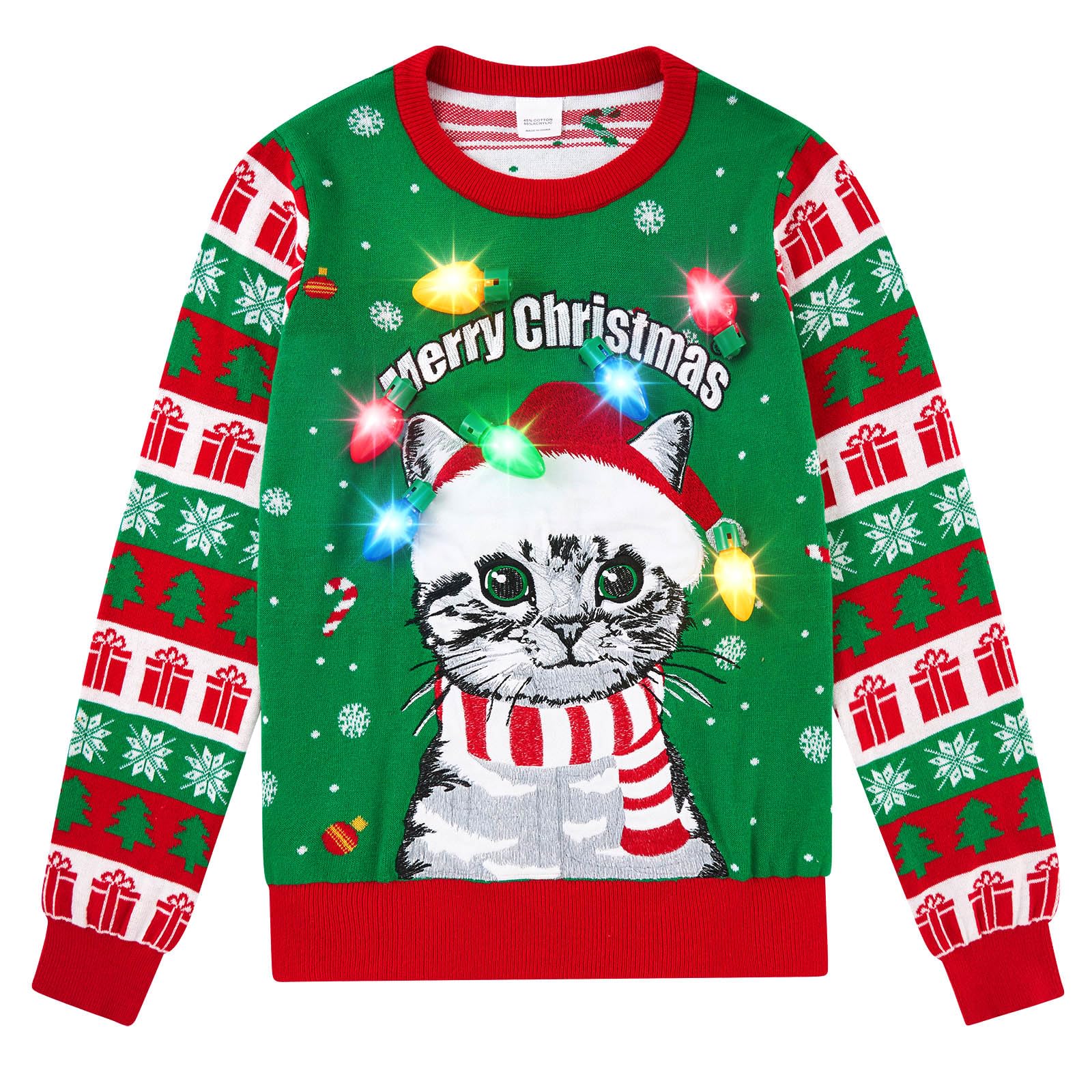 View 1 of **LIGHTS NON-FUCNTIONAL MISSING POWER BOX** Little Girls Boys Christmas LED Light Up Sweater Funny Green Cat Pattern Knitted Pullover with Light String Long Sleeve Crew Neck Xmas Sweatshirt 7-8 Years