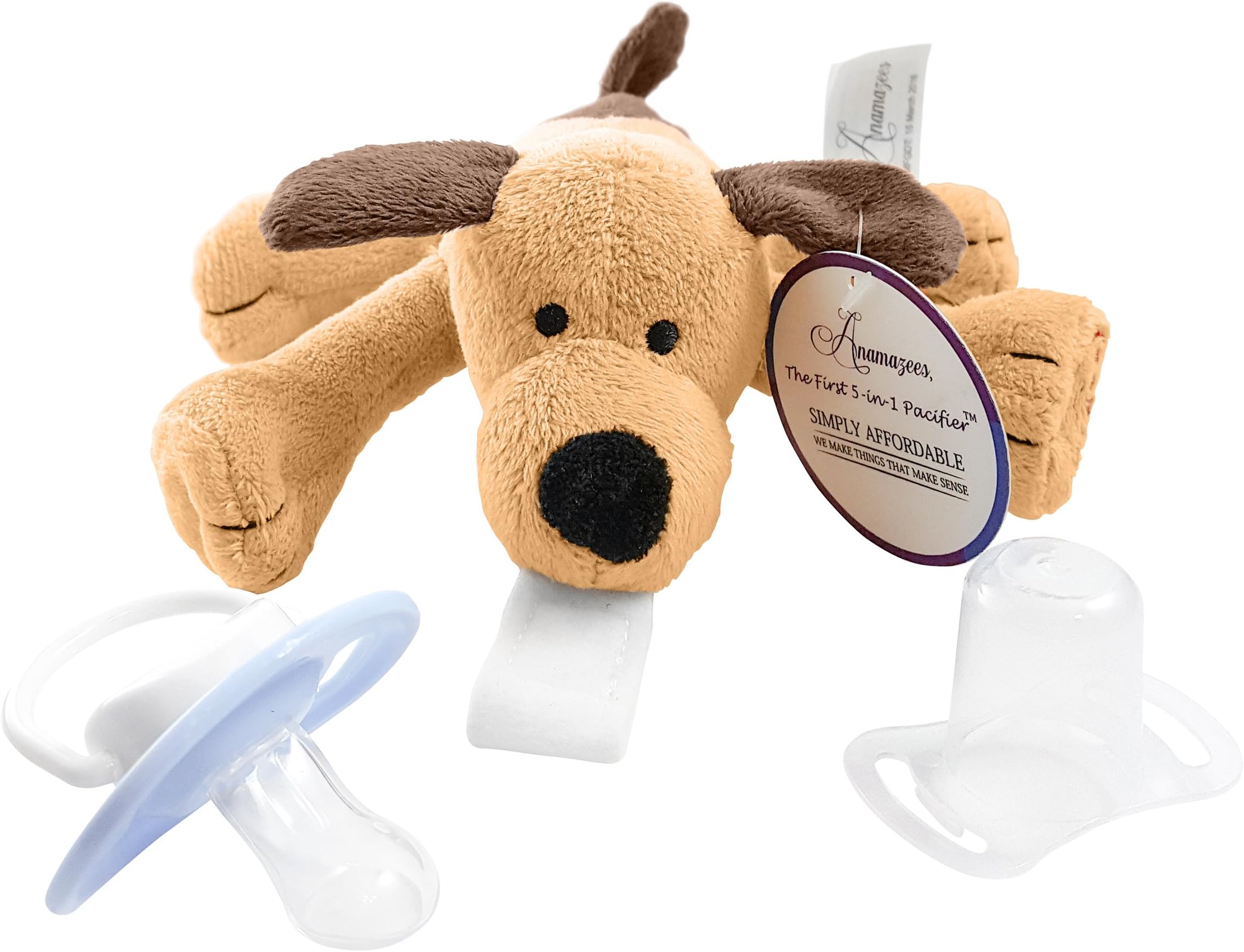 Anamazees, The First 5-in-1 Pacifier, Paddy the Puppy, 9 Inches/Brown, (Baby Rattle, Sings ABC's, Squeak Toy, Plush Animal Detachable Paci Holder), Gift Set