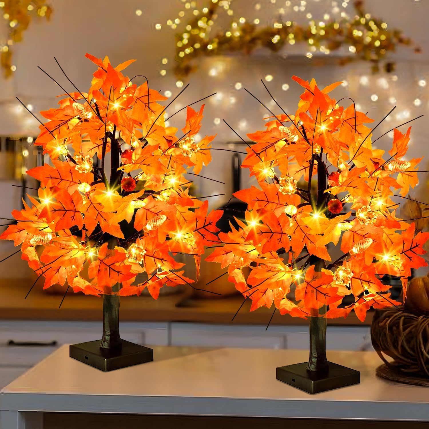 Trees - 2 Pack 24 Inch Prelit Fall Maple Tree with 48 LEDs Timer Battery Operated Lighted 3 Pumpkins 3 Acorns 6 Pine Cones Tabletop Artificial Autumn Fall Tree for Thanksgiving Fall Harvest Home Indoor
