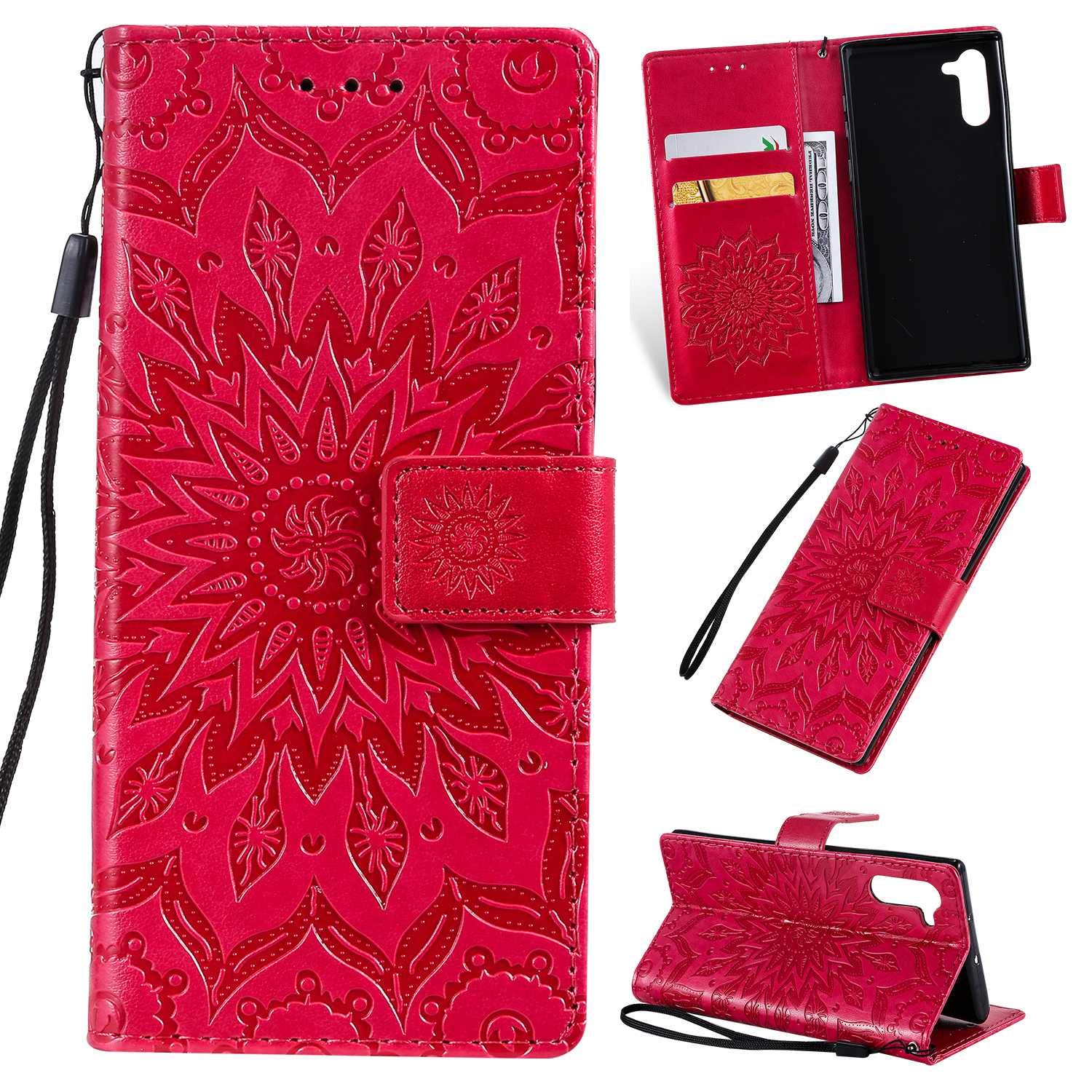 KKEIKO Galaxy Note 10 Case, Galaxy Note 10 Flip Leather Wallet Case Notebook Style, Sun Flower Design Shockproof Cover for Galaxy Note 10 - Red