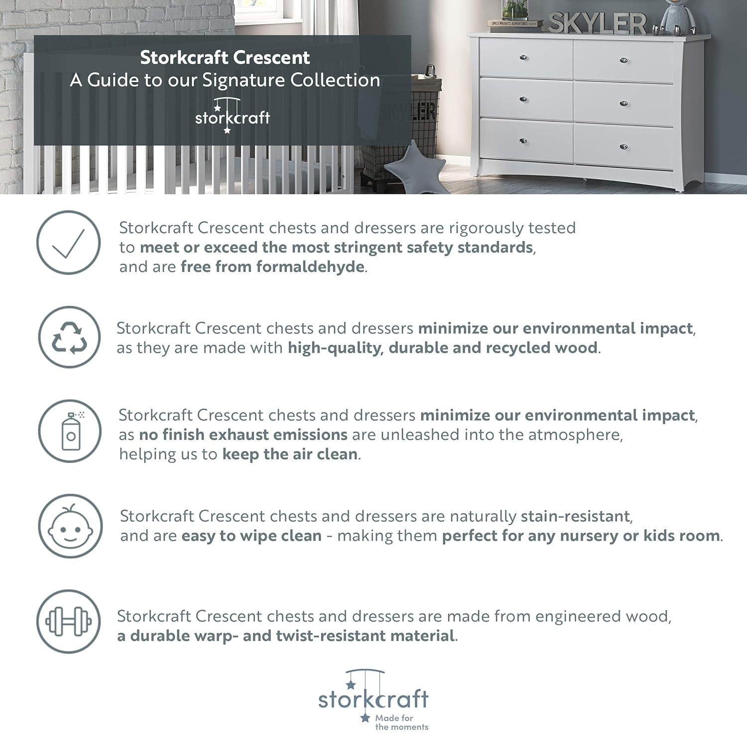 Storkcraft Crescent 4 Drawer Chest, White Kids Bedroom Dresser with 4 Drawers, Wood & Composite Construction, Ideal for Nursery, Toddlers Room, Kids Room : Baby