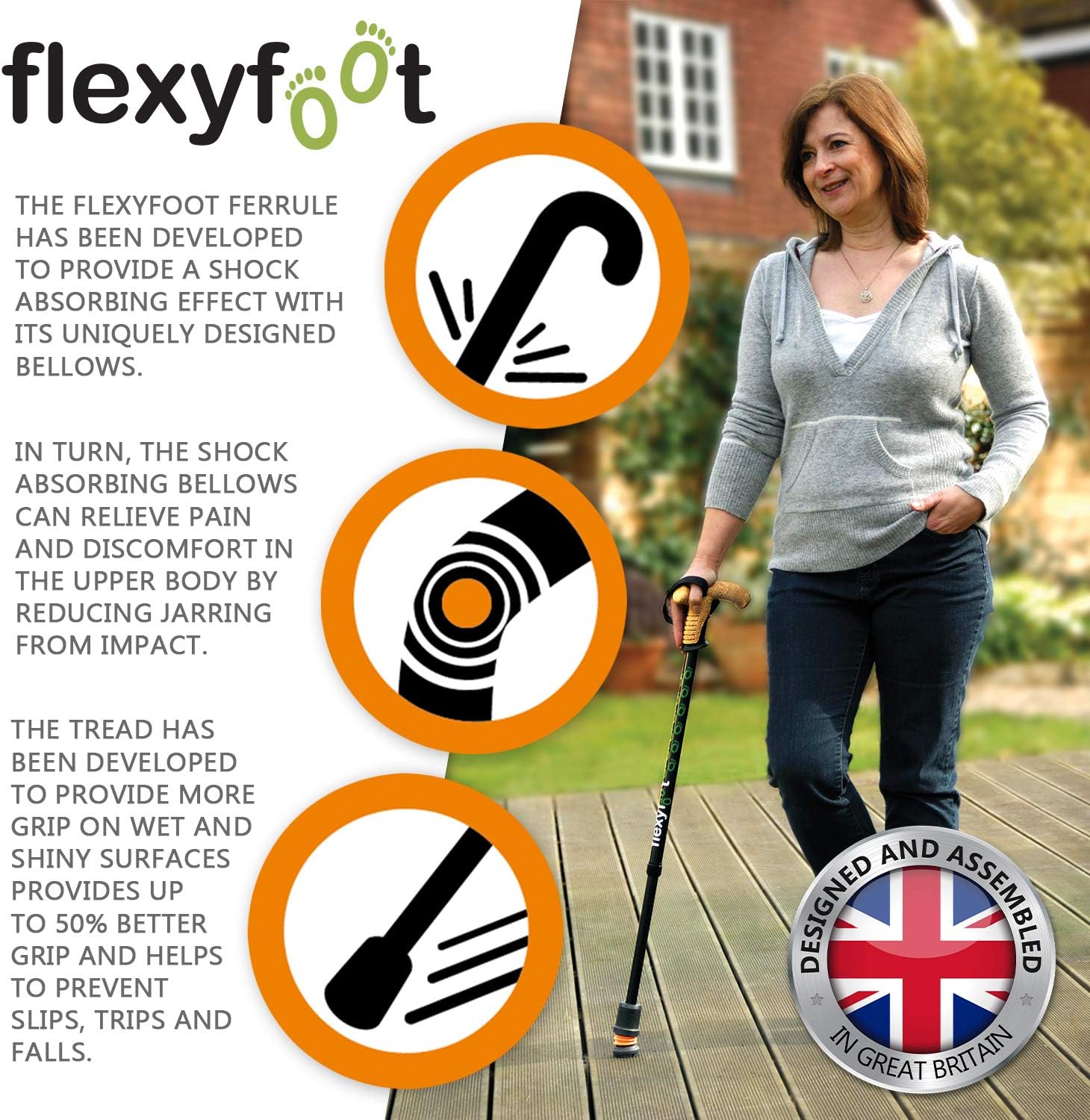 Flexyfoot Shock Absorbing Walking Stick Ferrule Choice of Sizes
