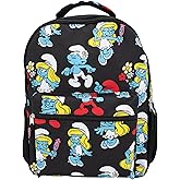 AI ACCESSORY INNOVATIONS Smurfs 16” Backpack with Front Pocket for Girls, 16” School Bag with Front Pocket, Allover Print Bookbag Featuring Smurfette & Grandpa Smurf, Black