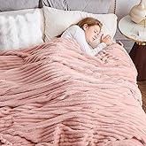 NEWCOSPLAY Super Soft Queen Blanket Pink Premium Silky Flannel Fleece 3D Ribbed Jacquard Lightweight Bed Blanket All Season Use (Pink Ribbed, Queen(90"x90"))