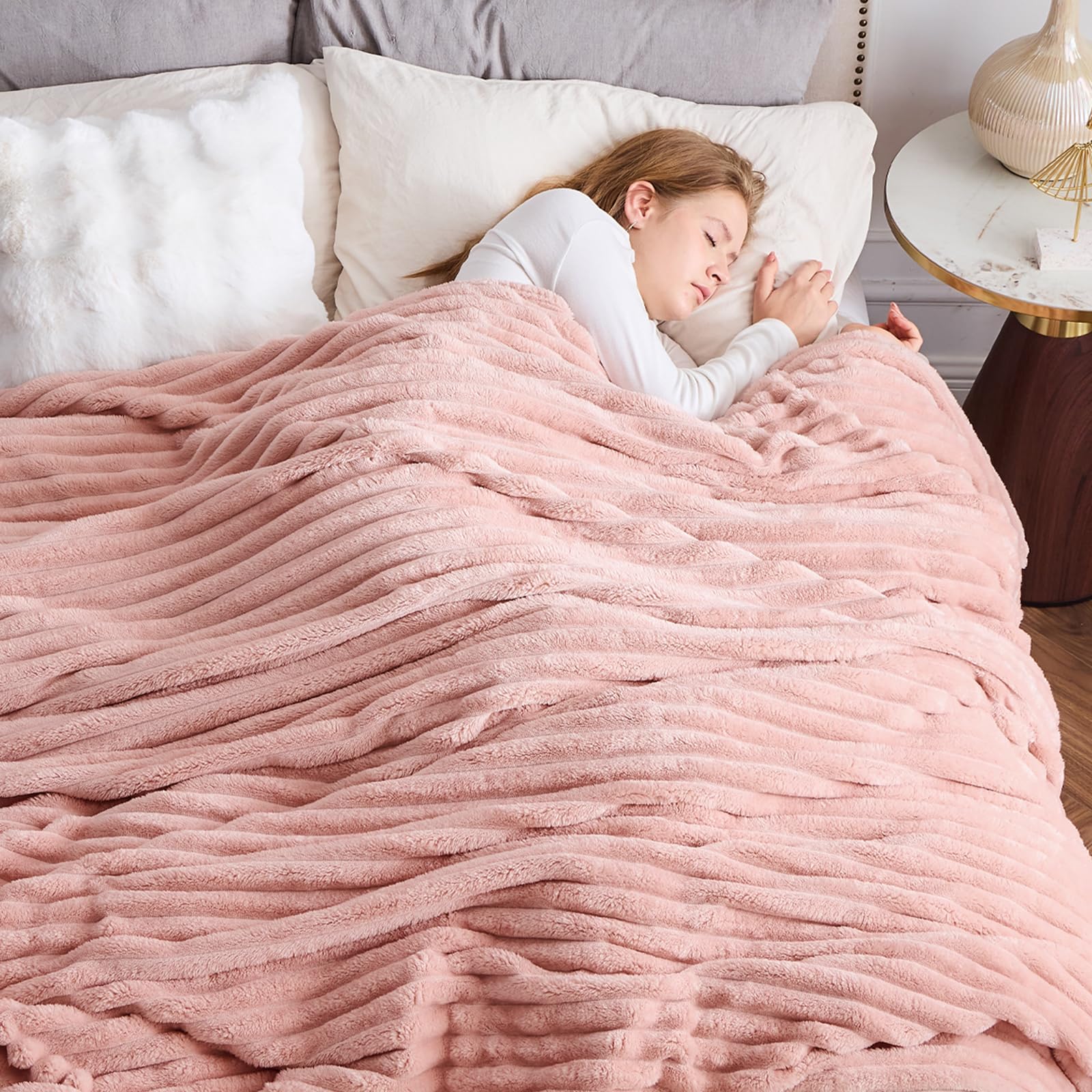NEWCOSPLAY Super Soft Queen Blanket Pink Premium Silky Flannel Fleece 3D Ribbed Jacquard Lightweight Bed Blanket All Season Use (Pink Ribbed, Queen(90"x90")) Image