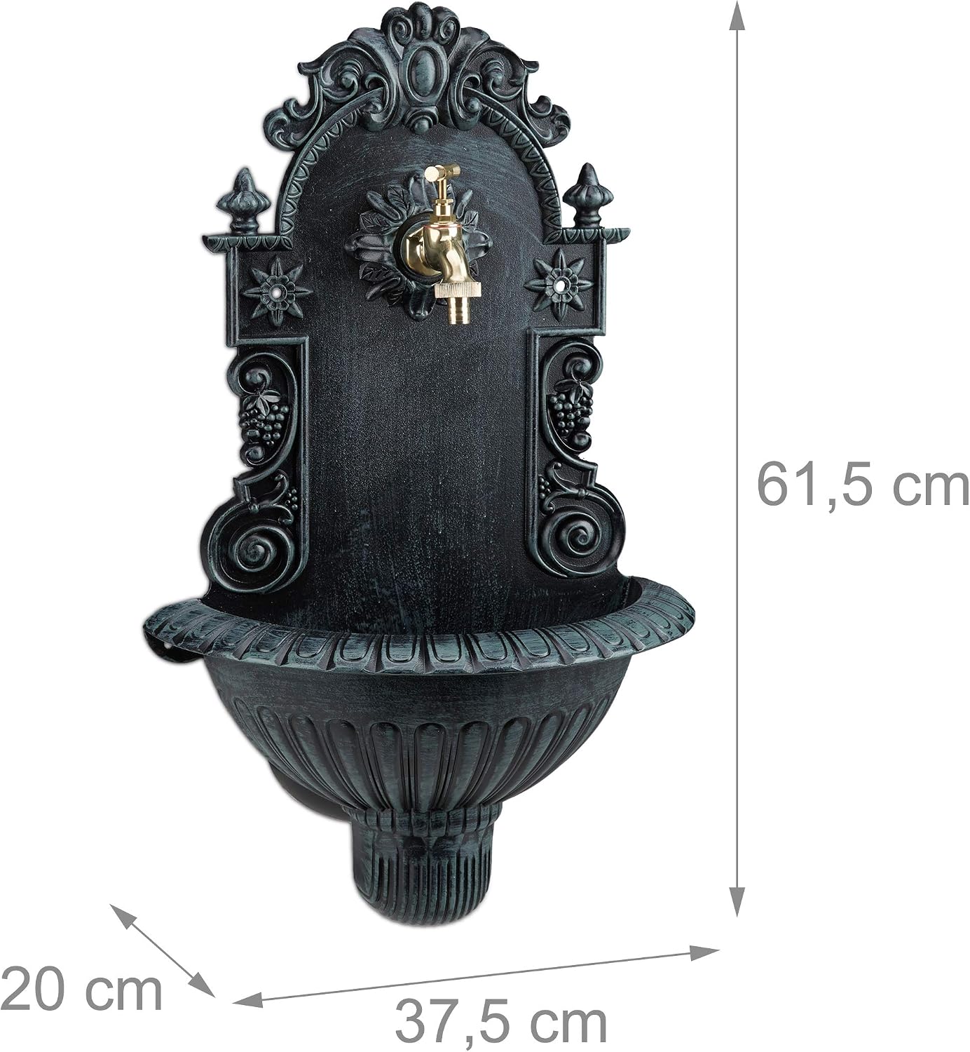 Relaxdays Wall Water Fountain, Antique-Style, Nostalgia, Garden, Patio, Faucet, Hanging Basin, HxWxD: 62 x 38 x 20 cm, Green - Image 5