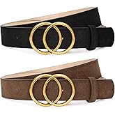 SANSTHS 2 Pack Women Leather Belts Faux Leather Jeans Belt with Double O Ring Buckle