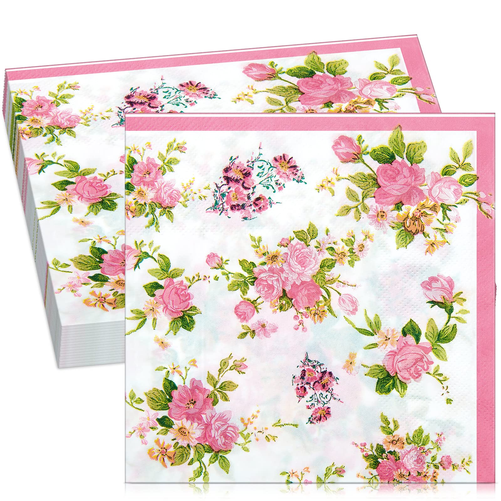 40 Pcs Floral Disposable Tea Party Napkins - Vintage Cocktail Napkins With Elegant Pink Flower Design for Afternoon Tea, Birthday, Baby Shower, Wedding Anniversary Decoration (Vibrant)