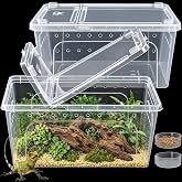 Tlence 2 Pack Critter Keeper, 12.6"x8.7"x6" Clear Plastic Enclosure Terrarium, Portable Transport Container with Feeding Bowl, Small Hatching Container with Ventilated Lid for Snake, Lizard, Gecko