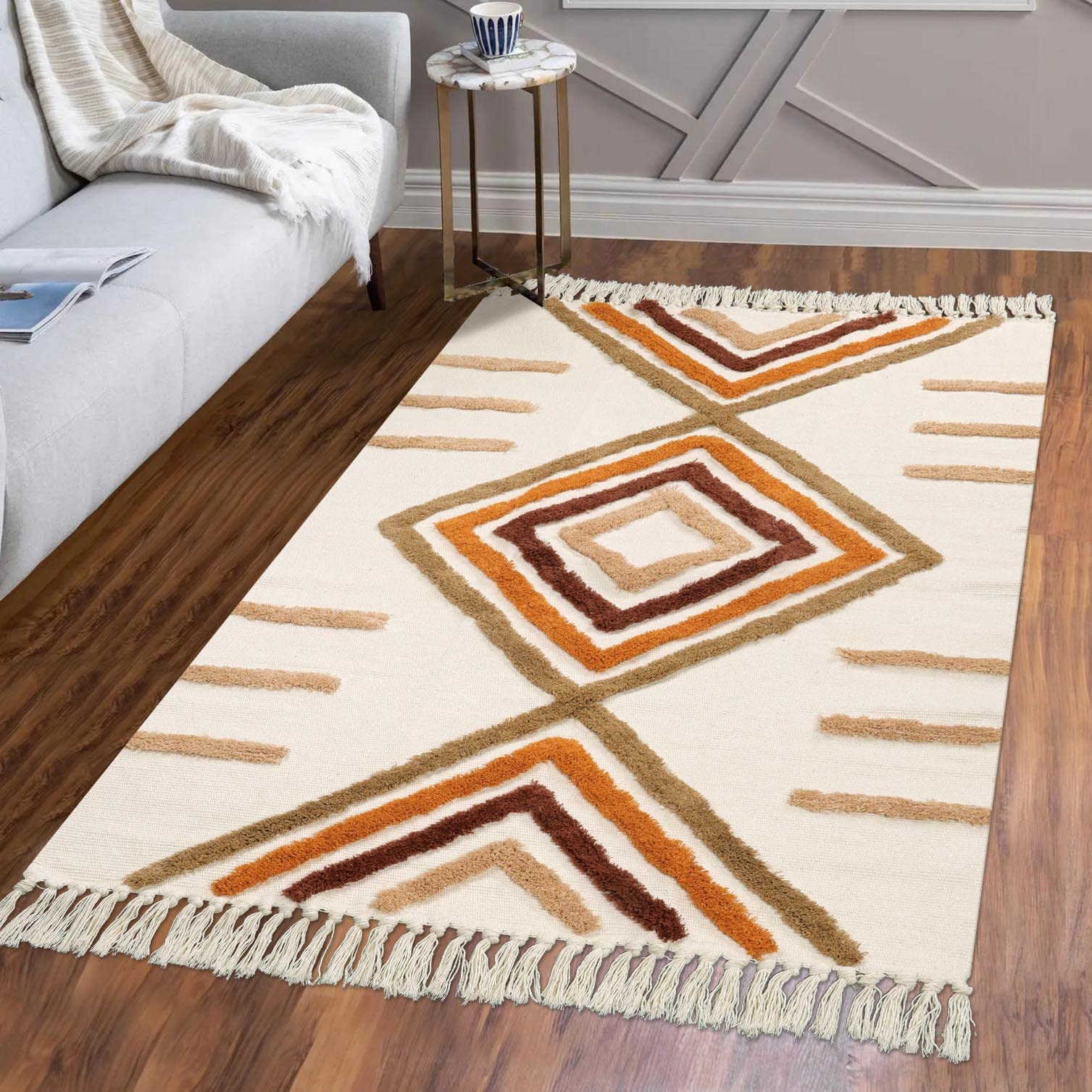 Photo 1 of Uphome Boho Area Rug 3'x5' Cotton Woven Washable Entryway Rug with Tassels Soft Diamond Tufted Living Room Rug Moroccan Colorful Geometric Floor Mats for Bathroom Bedroom Laundry Room Office