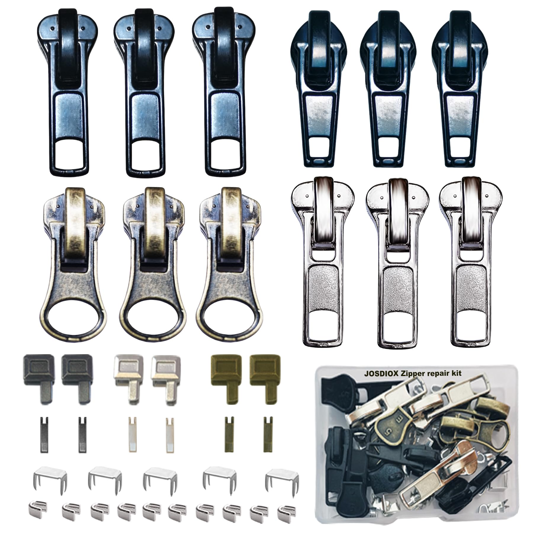 Photo 1 of JOSDIOX Zipper Repair Kit: #5 Sliders with Pulls (12 Pcs) 5 Metal Zipper Retainer Box & Insertion Pins (6 Sets) Replacement Zip Bottom/Top Stops – Metal, Plastic, Nylon Coil Heads for Jacket Repair.