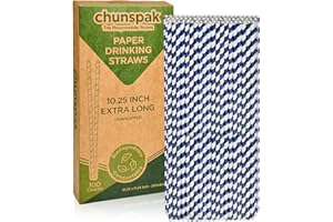 CHUNSPAK 10 Inch Long Disposable Drinking Straws Paper - Navy Blue Striped, 100 Counts - 100% Biodegradable