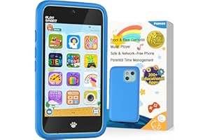 PAMOX Kids Toy Phones with Dual Camera, Learning Toys Phones Gifts for Kid 3-12 with 200+ Educational Puzzle Games, 4" Touchscreen Rechargeable Blue Child Smartphones with Parental Control