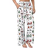 Christmas Pajamas Bottoms for Women Santa Claus Snowman Print Wide Leg Pj Pants with Pockets Lounge Sleepwear