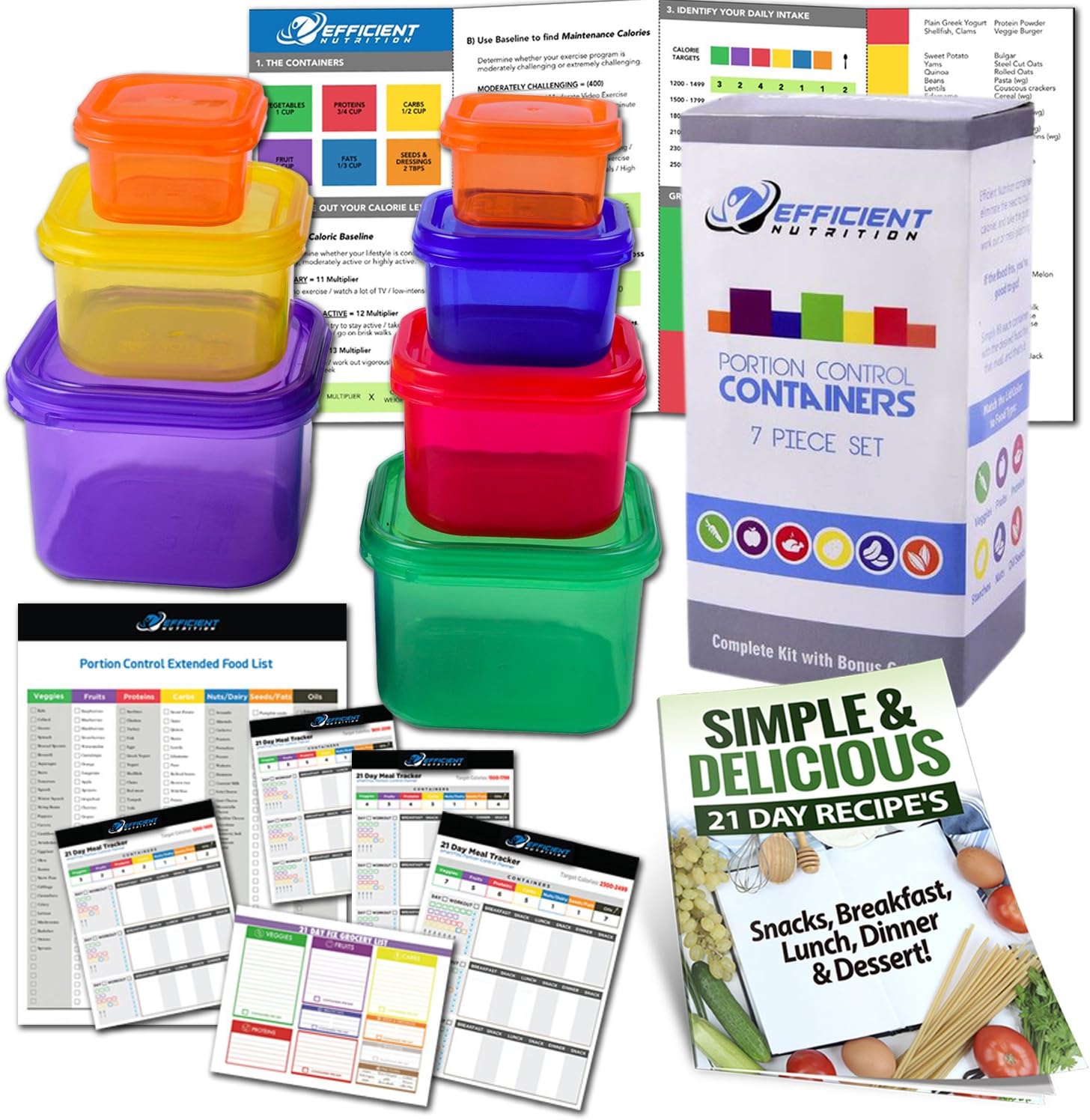 Efficient Nutrition, 7 Piece, Portion Control Containers Kit and Protein Shaker Cup with Complete Guide, 21 Day Planner, Recipe E-book, BPA Free, Color Coded Meal Prep System for Diet and Weight Loss