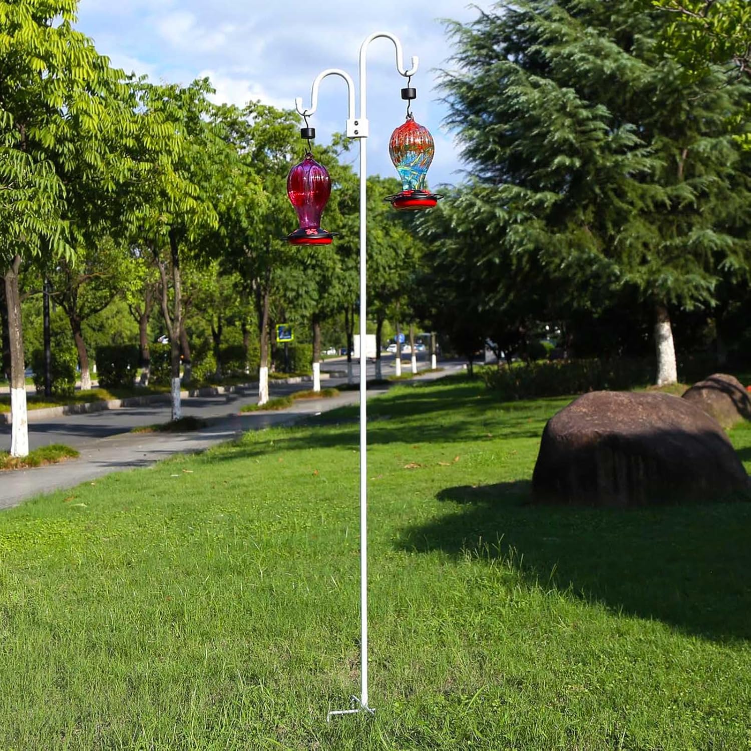 Outdoor Shepherd's Hooks - 76 Inch Shepherds Hooks for Outdoor, Heavy Duty Bird Feeder Pole, Double Shepherds Hook for Outside Tall Hummingbird Feeder Stand Shepherd Hooks for Hanging Plants Solar Lanterns Wind Chime White