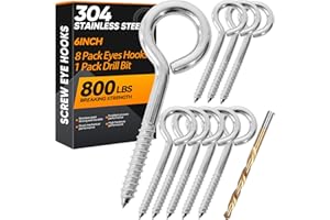 YAIRMIS 8Pcs 6 Inch Heavy Duty Screw Eyes Hooks, 304 Stainless Steel Self Tapping Eyelet Screw Eye Bolts,800LBS Breaking Strength, Screw in Eye Hooks for Wood Securing Cables Wire. (8, M10-6 Inch)