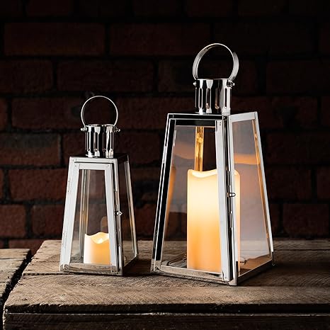 2er Set silberne Edelstahl Laternen mit LED Kerzen Timer Lights4fun