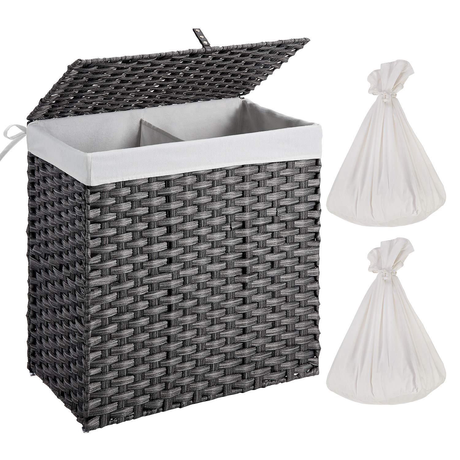 Greenstell Handwoven Laundry Hamper with 2 Removable Liner Bag, Synthetic Rattan Laundry Basket with Lid and Handles, Foldable and Easy to Install Gray (Larger Size)
