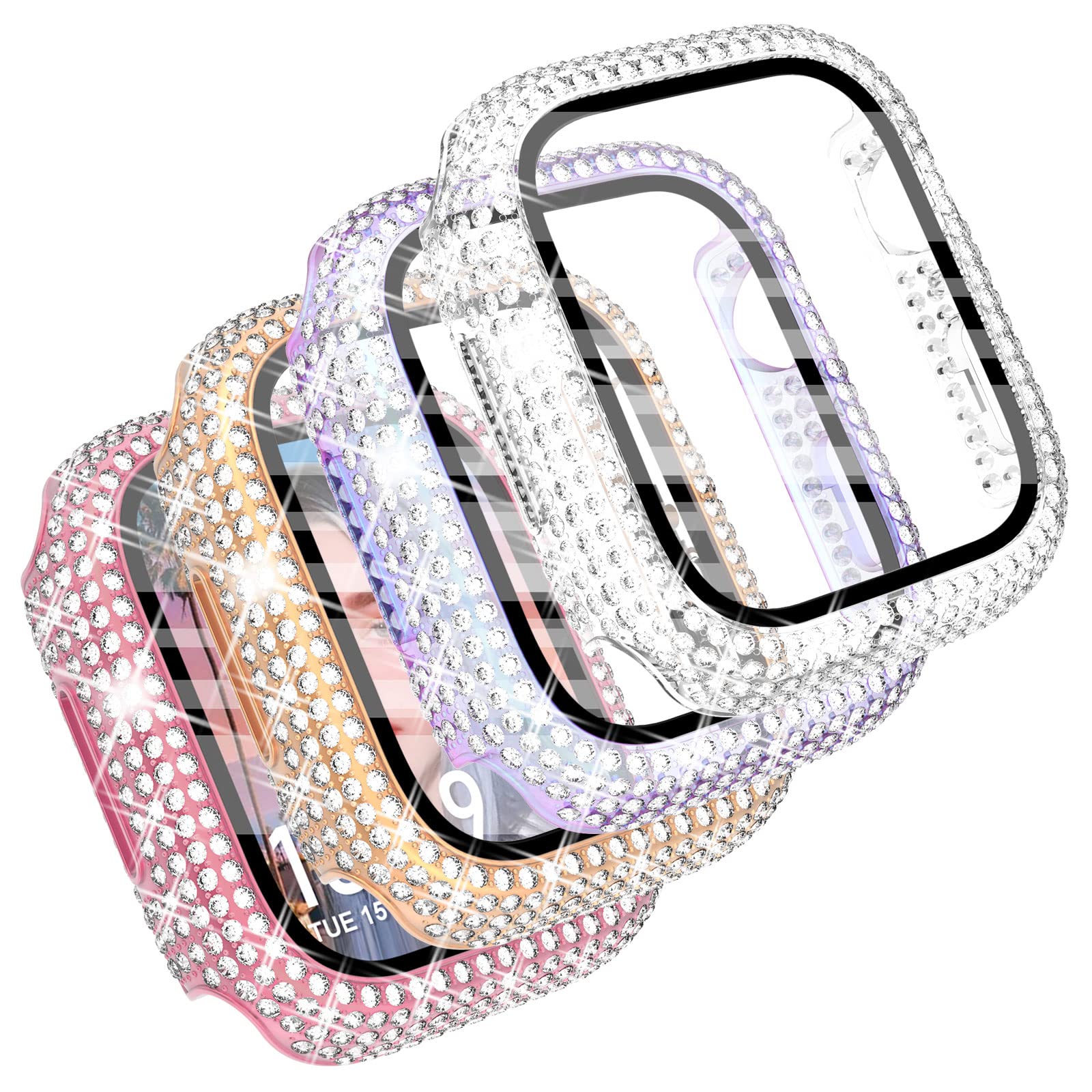CHANCHY 4-Pack Compatible with Apple Watch Case 40mm Protective Bumper with Screen Protector, 200 Crystal Diamond Bling Cases Cover for Apple Watch SE Series 6 5 4, Rose Gold/Pink/Rainbow/Clear, 40mm
