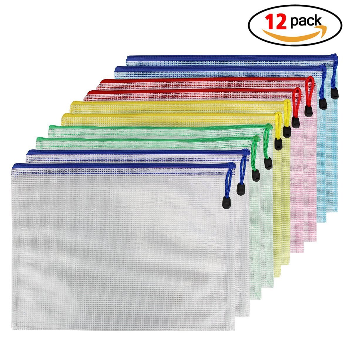 Rocita 12Pcs Zipper File Bags A4 Size Mesh Document Bags Office School Storage Pouches for Document Business Receipts Organization - 5 Color