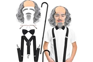 Kavoc Old Man Costume for Boys 100 Days of School Costume Grey Wig with Cane Suspenders Glasses Eyebrows Mustache for Grandpa Dress up Accessories (Grey Curl)