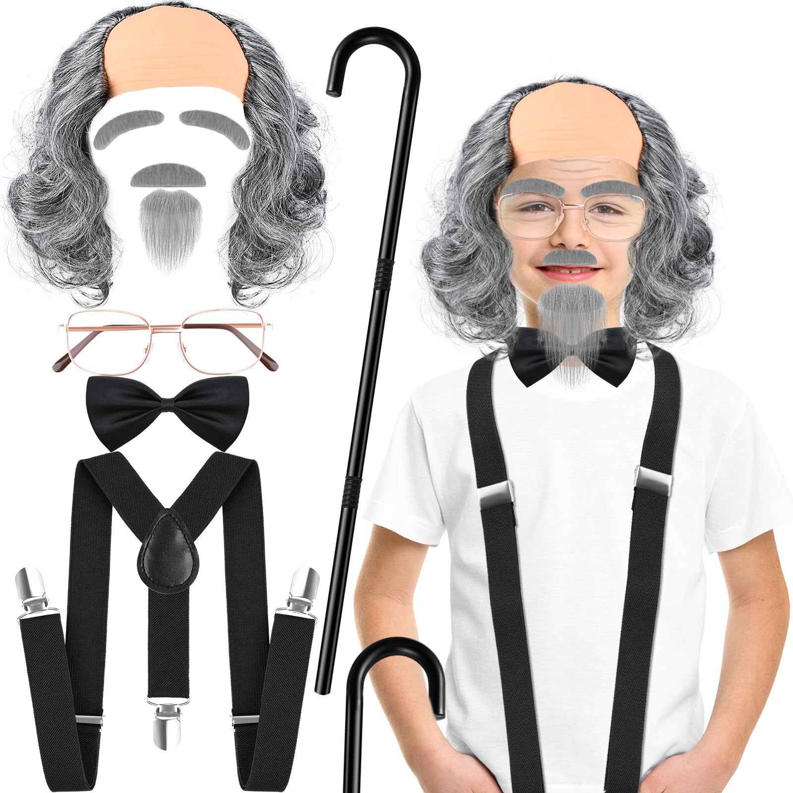 Kit Accessoires Costume Vieil Homme 7 Pièces - Fausse Barbe, Lunettes, Canne, Bretelles Pour Déguisement Grandpa