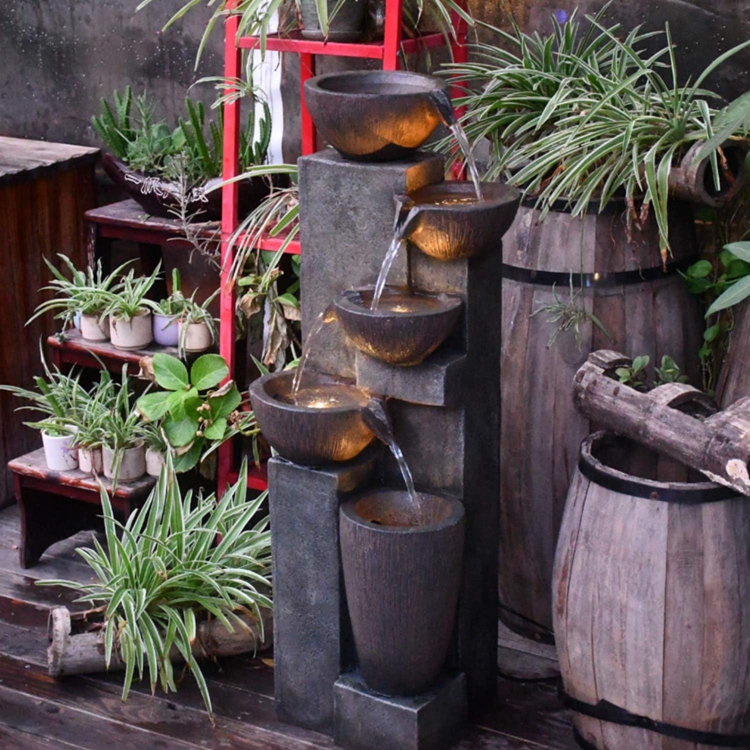 GF Gardenfans 5-Tier Outdoor Water Fountain Decor with LED Lighting Natural Looking Stone Resin Fountain Decor for Garden Patio Fold Court Yard Deck 12.99〃 L x 13.78〃 W x 39.76〃 H: Home & Kitchen