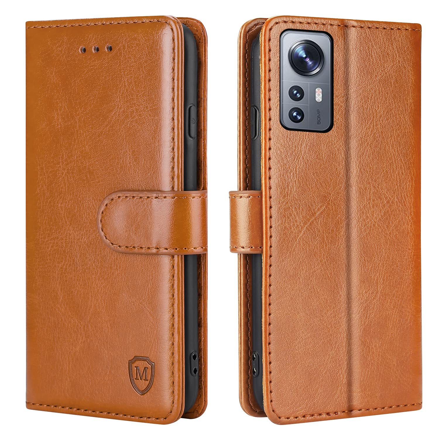 FMPCUON Case For Xiaomi Mi 12X,High-grade Leather Flip Wallet Phone Case Cover for Xiaomi Mi 12X Inches [Card Slots] [Kickstand] [Magnetic Closure]-(Brown)