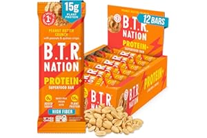 B.T.R. B.T.R Nation Vegan Keto Plant Based High Protein & HIgh Fiber Bars - Peanut Butter Crunch Protein+ | 12 Bars | Low Carb & GF, Free of Sugar Alcohols, Dairy, Soy, with Powerful Superfoods!