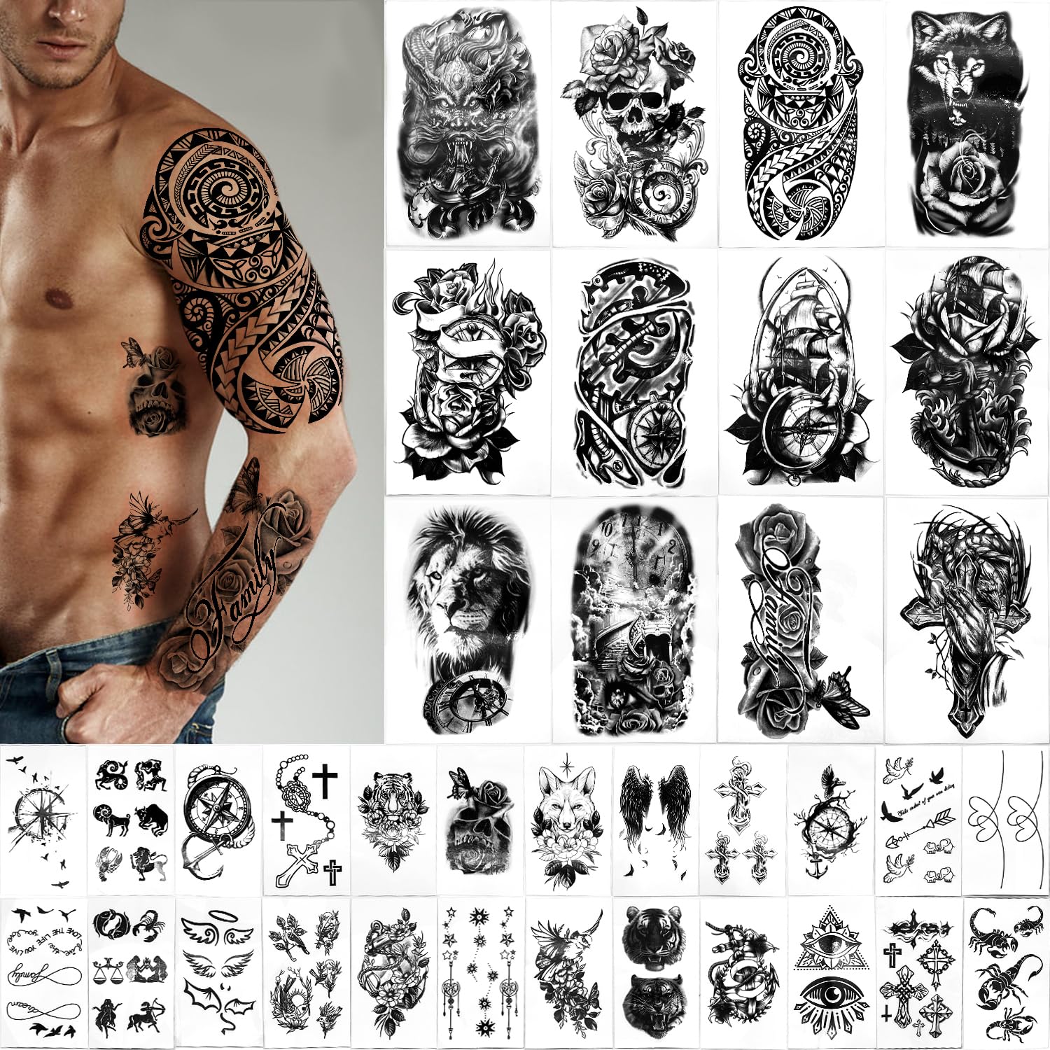 Yazhiji 36 Sheets Temporary Tattoos Stickers, 12 Sheets Fake Body Arm Chest Shoulder Tattoos for Men or Women with 24 Sheets Tiny Black Temporary Tattoos