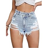 OYOANGLE Women's Casual Straight Leg Ripped Jean Shorts Mid Rise Distressed Denim Shorts