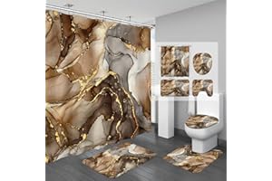 BayNook 4PCS Brown Marble Bathroom Sets with Shower Curtain and Rugs, Abstract Gold Shower Curtain Sets with Rugs for Bathroom Decor, Bathroom Curtains Shower Set with Toilet Lid Cover Accessories