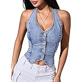 OYOANGLE Women's Button Front Denim Jacket Vest Sleeveless Vintage Halter Jean Crop Tank Top