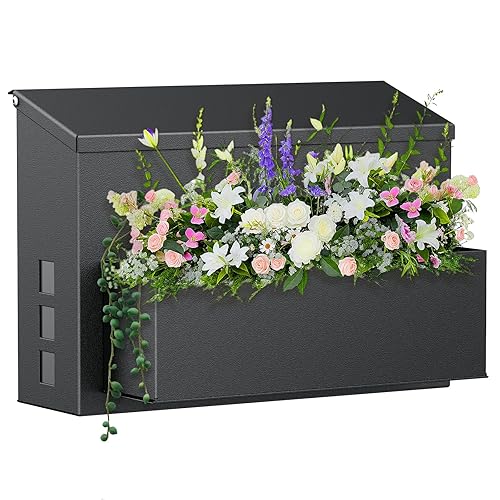 Uniclife Wall Mount Mailbox for Outside, Large Mailbox with Planter, Large Capacity Mail Box for House, Rust-Proof Steel Post Box for Home Office School, Modern Metal Drop Case, Black